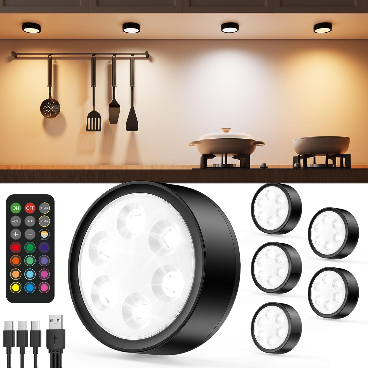 Rechargeable Puck Lights with Remote Control, 2400mAh Battery Operated RGB Under Cabinet Press Button Lighting Wireless LED Push Lights Stick on Magnetic Tap Lamp for Closet Kitchen Counter