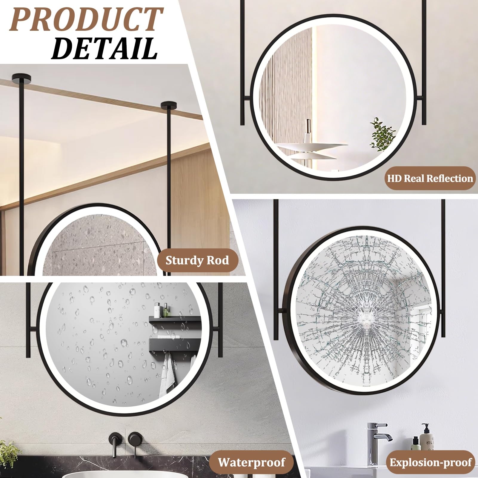 LED do zawieszenia na suficie, nowoczesne okrągłe dekoracyjne lustra do golenia z metalową ramą i wysięgnikiem sufitowym, czarne (średnica - 40 cm)
