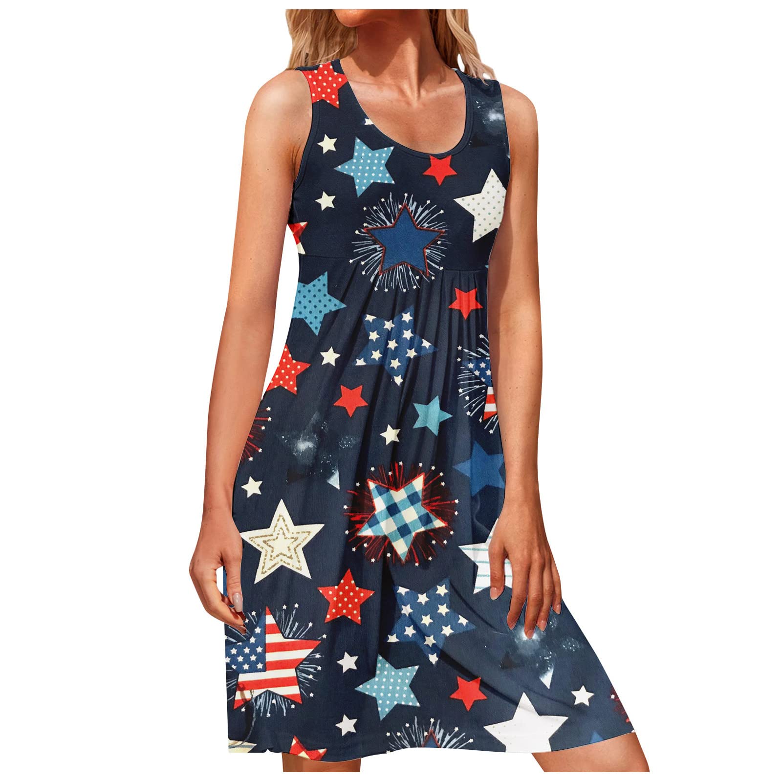 Women's Independence Printing Knee Length Dresses Summer Sleeveless Beach Dresses Casaul Loose Tank Dresses