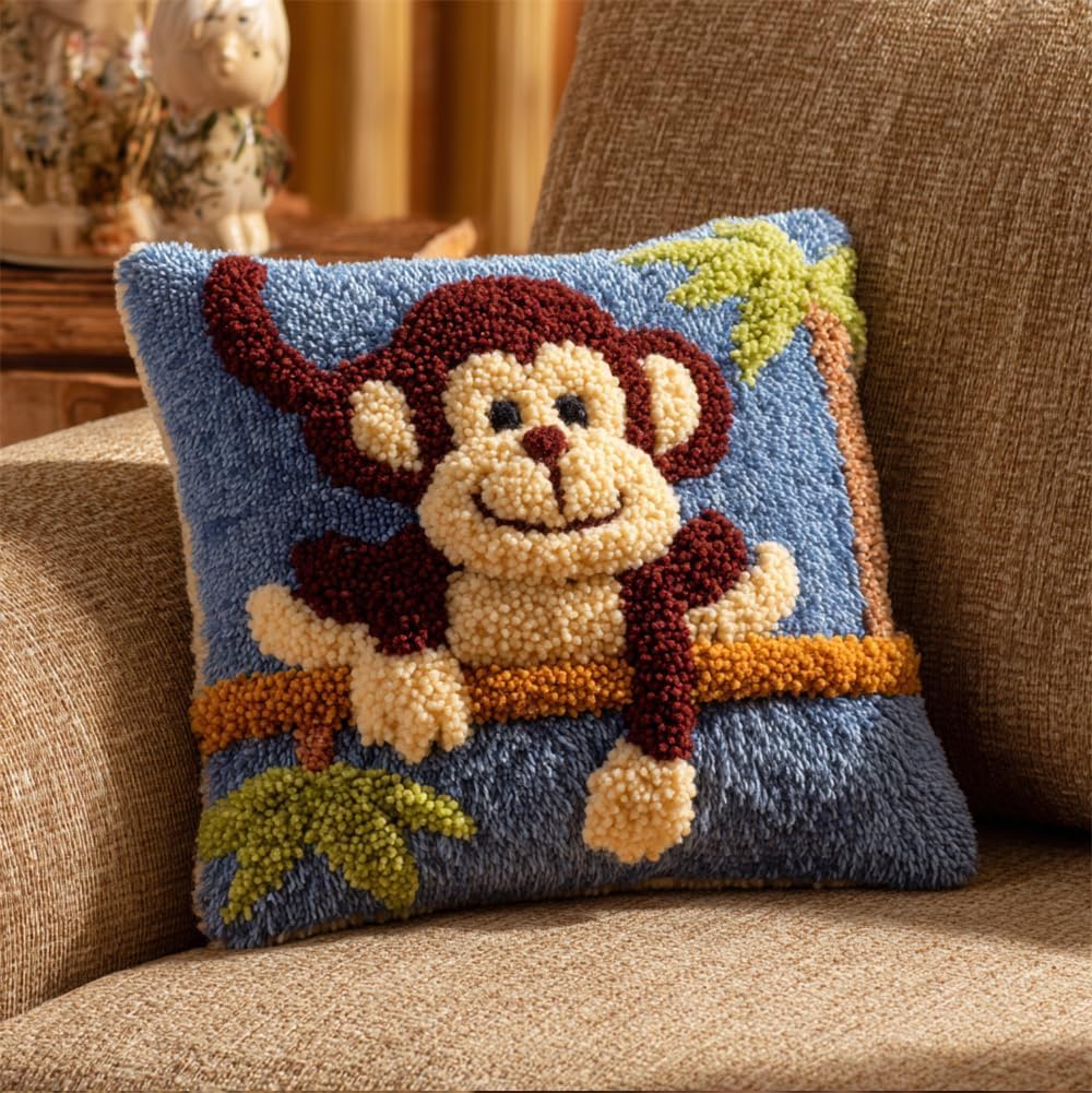 FWRTYCB Latch Hook Pillow Kit Monkeys in The Tree Crochet Yarn Hooking Pil