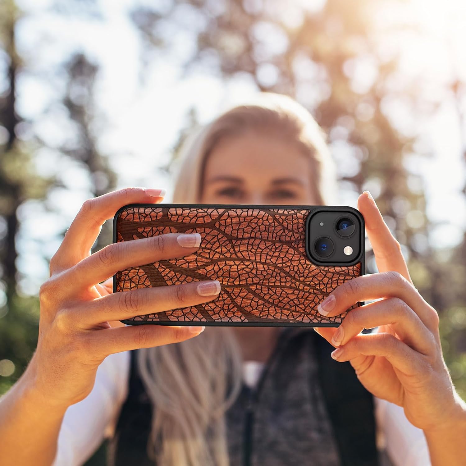 Carveit Magnetic Wood Case for iPhone 14 Plus - Natural Wood & Black Soft TPU - Shockproof Protective Cover - Unique & Classy Wooden Case - Compatible with MagSafe (Nature's Intricate Web -Rosy)