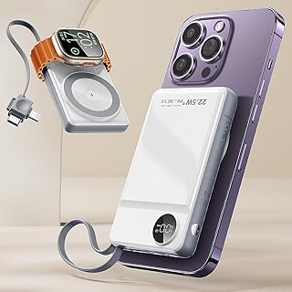 LISEN Portable Charger iPhone Power Bank for Magsafe Battery Pack, 10000mah Power Bank Fast Charging 22.5W Built-in Cable for Magsafe Portable Charger Fits iPhone 15 Pro Max Plus 14 13 12 Apple Watch