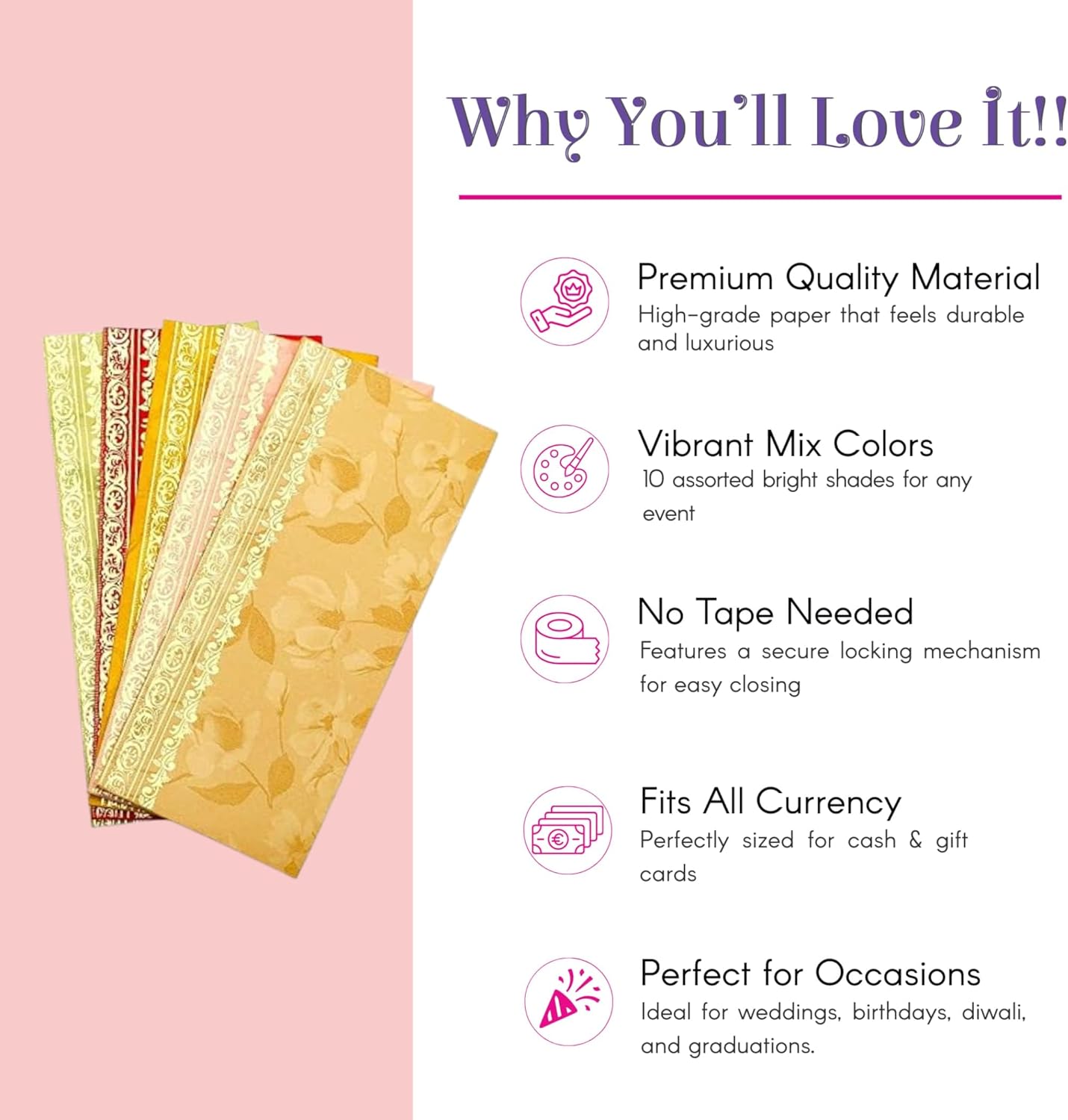 LoveNspire Money Envelopes (7 x 3 Inch) Decorative Golden Border Shagun Lifafa for Indian Wedding, Birthday | Cash Gift Holder & Home Savings Organizer Multicolor 100