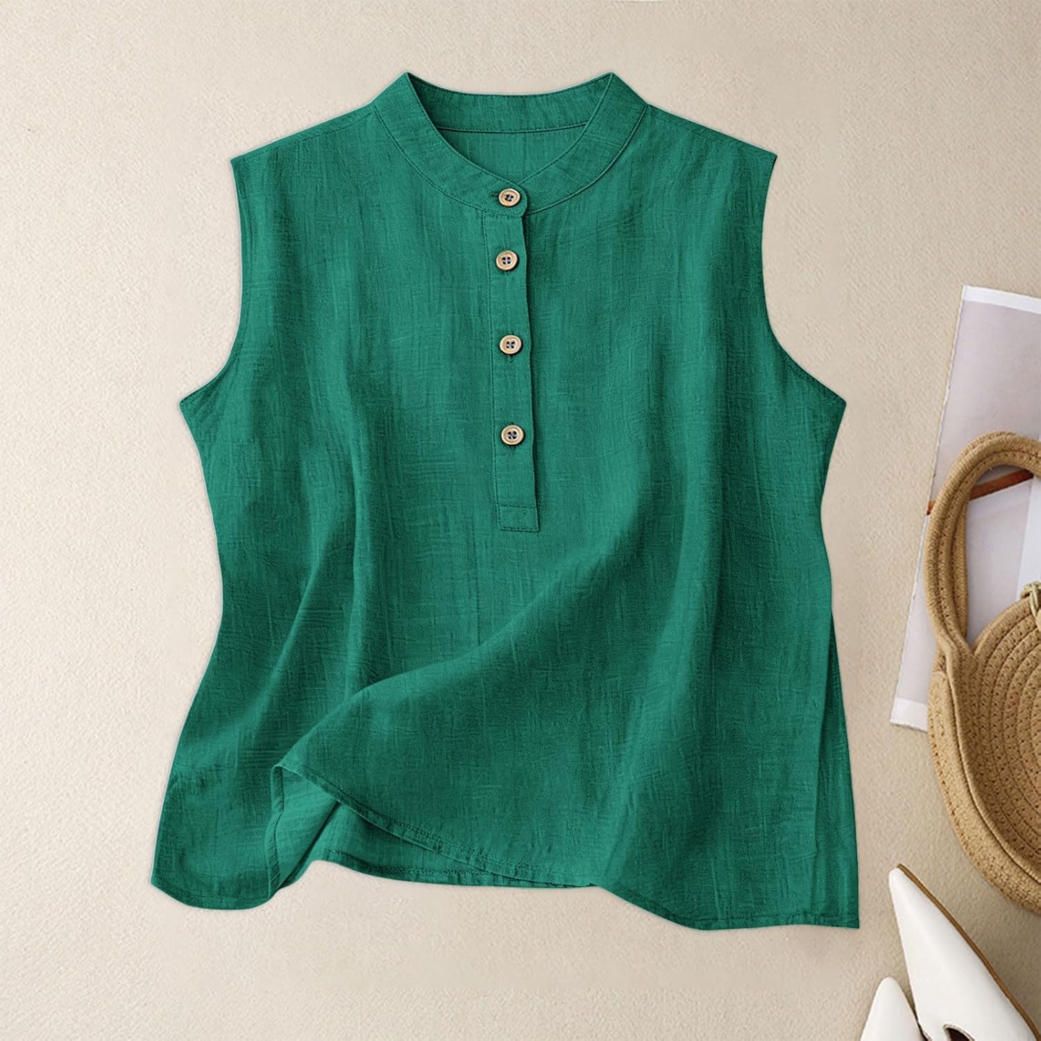 Linen Tank Tops for Women 2026 Summer Sleeveless Shirts Casual Beach Button Down Comfort Loose Tanks Blouses