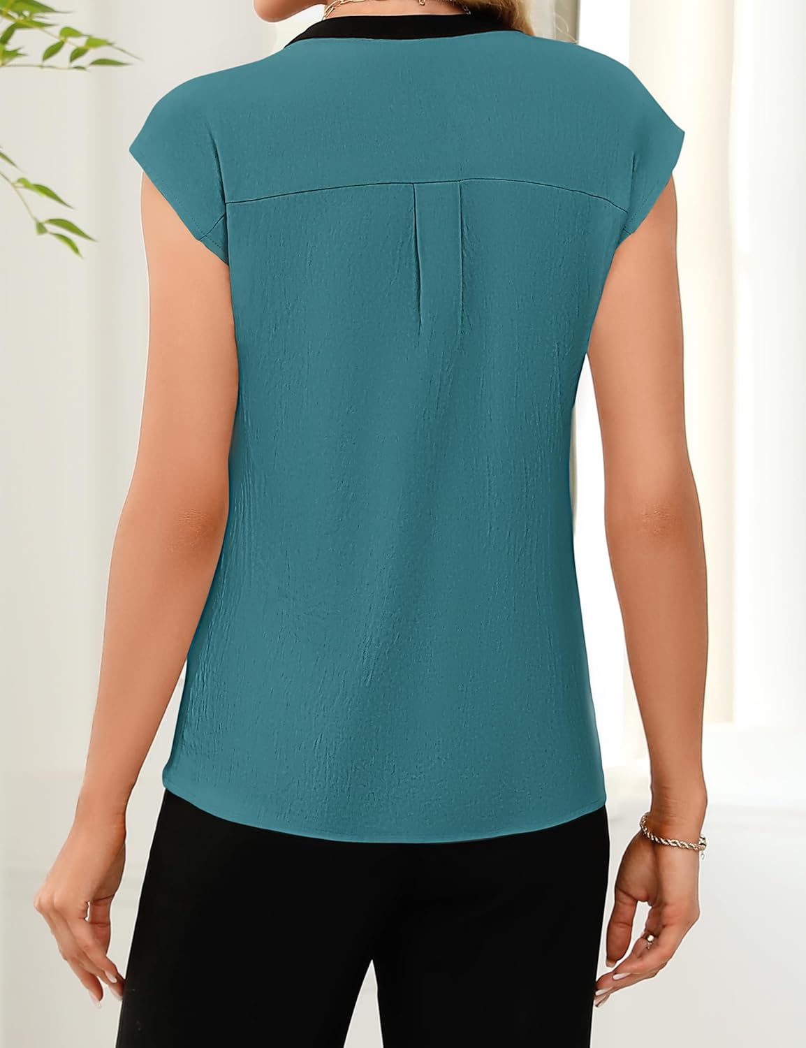 Fayenne Womens Tops Dressy Casual Color Block V Neck Business Casual Outfits Short Sleeve Work Shirts Spring Summer Turquoise - Image 5