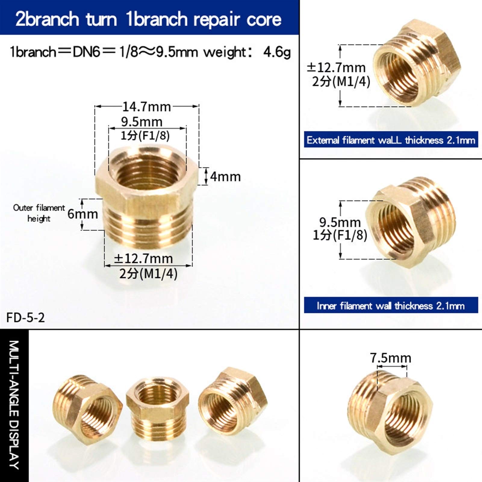 Zkenyao-Brass Connector Copper Inner and Internal Thread Conversion External Thread Copper Connector 1/8’, 1/2’, 1/4‘, 3/4’ to 1 Inch Brass Fittings, Simple to Install (Color : 2 Turn 1 Points)