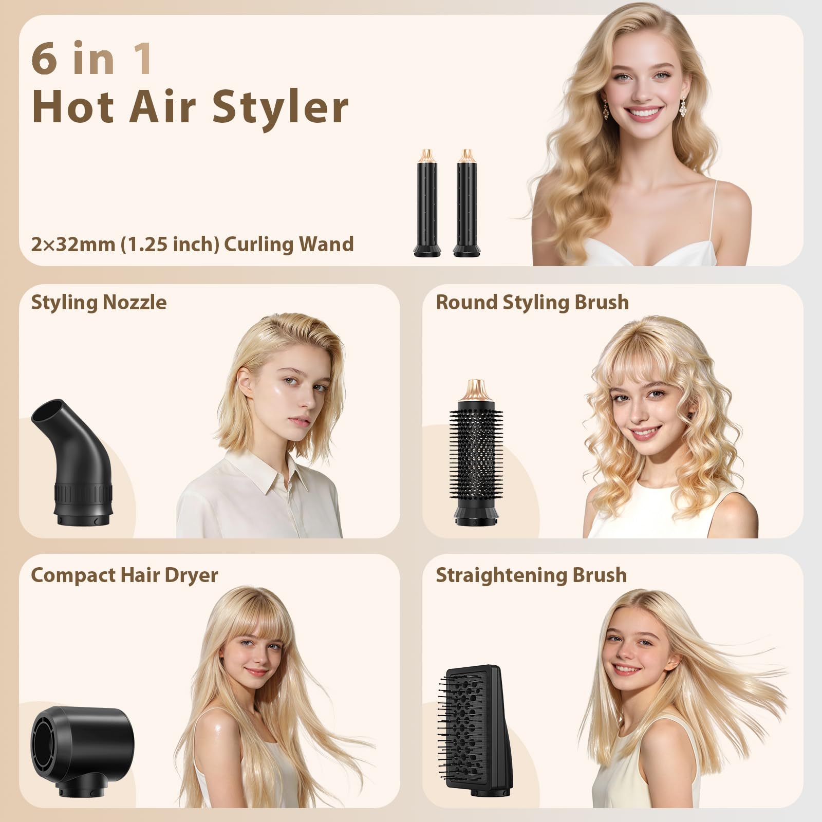 Sendowtek Cepillo Secador de Pelo 6 en 1, Hot Air Hair Styler con Aparatos para el Cabello Multifunción, Moldeador Secador de Aire Caliente con Rizador para Mujer Chica Ondulado y Secado
