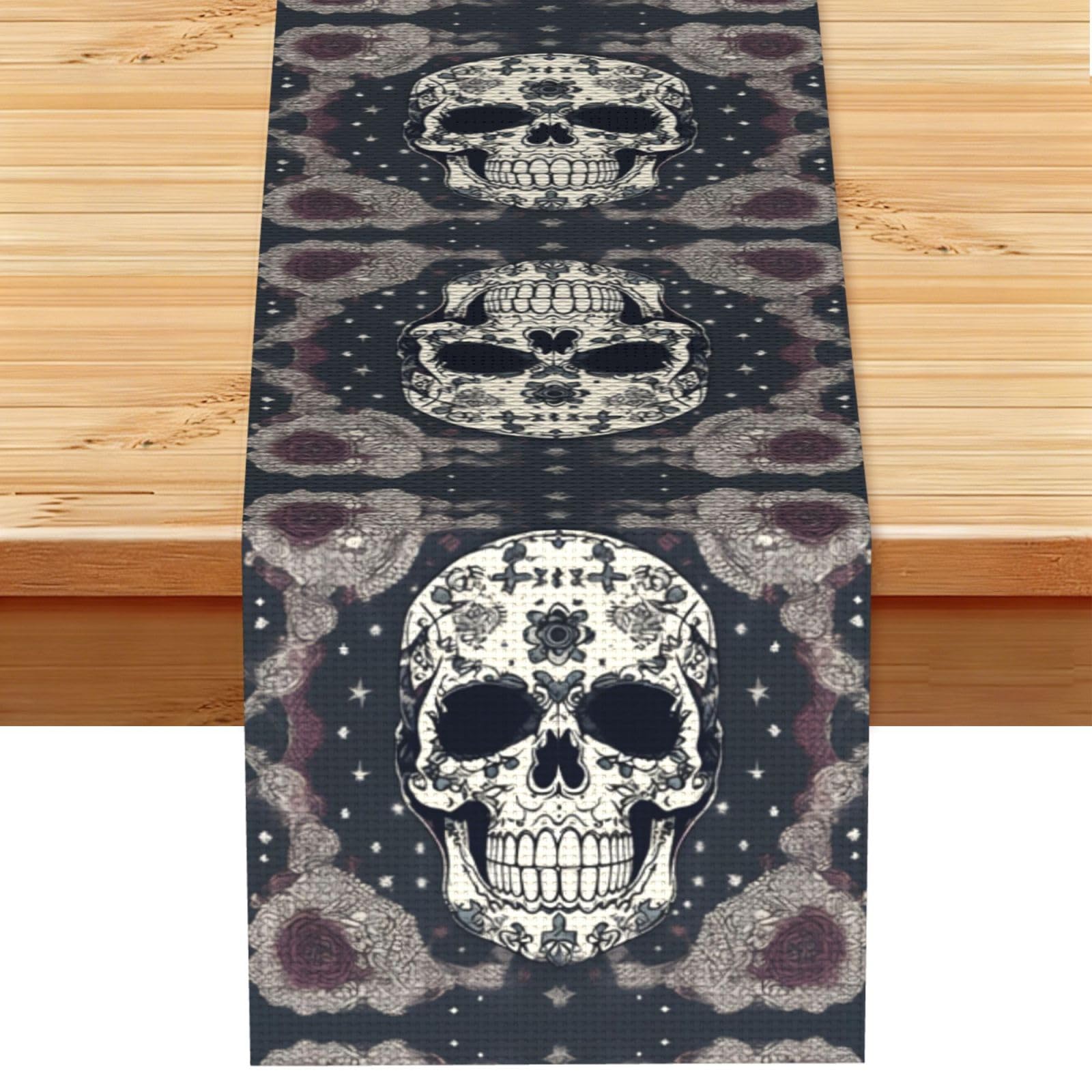 Skull Yoga and flower Printed Dining Table Runner 13x72 Inch, Non-Fading Decor for Kitchen Dresser Fireplace Mantel