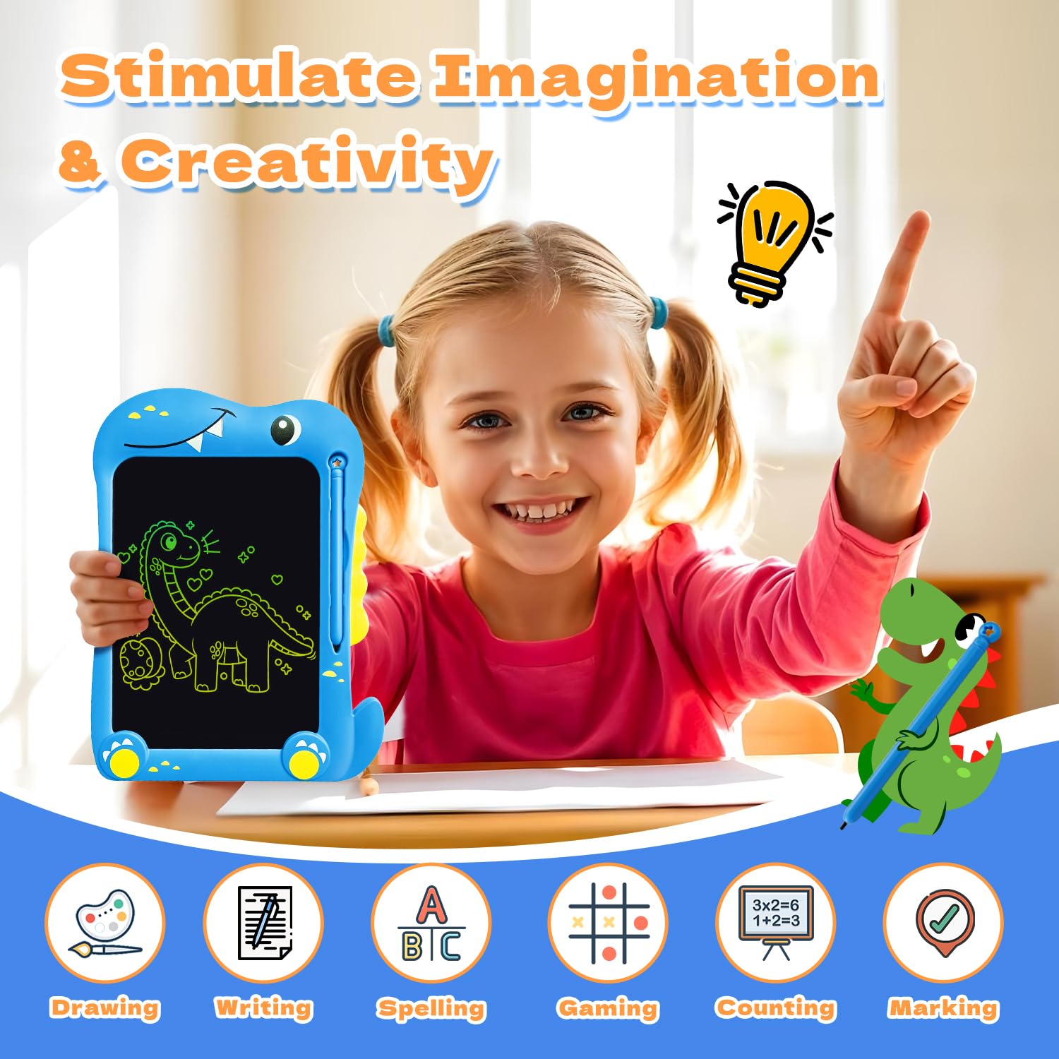 POPERFUN Tavoletta Grafica Bambini 8.5 Pollici Giocattoli Dinosauro,Lavagnetta Cancellabile per 3-12 anni Bambini Giochi Educativi Giocattoli Regali di Compleanno,Natale per Ragazzi e Ragazze