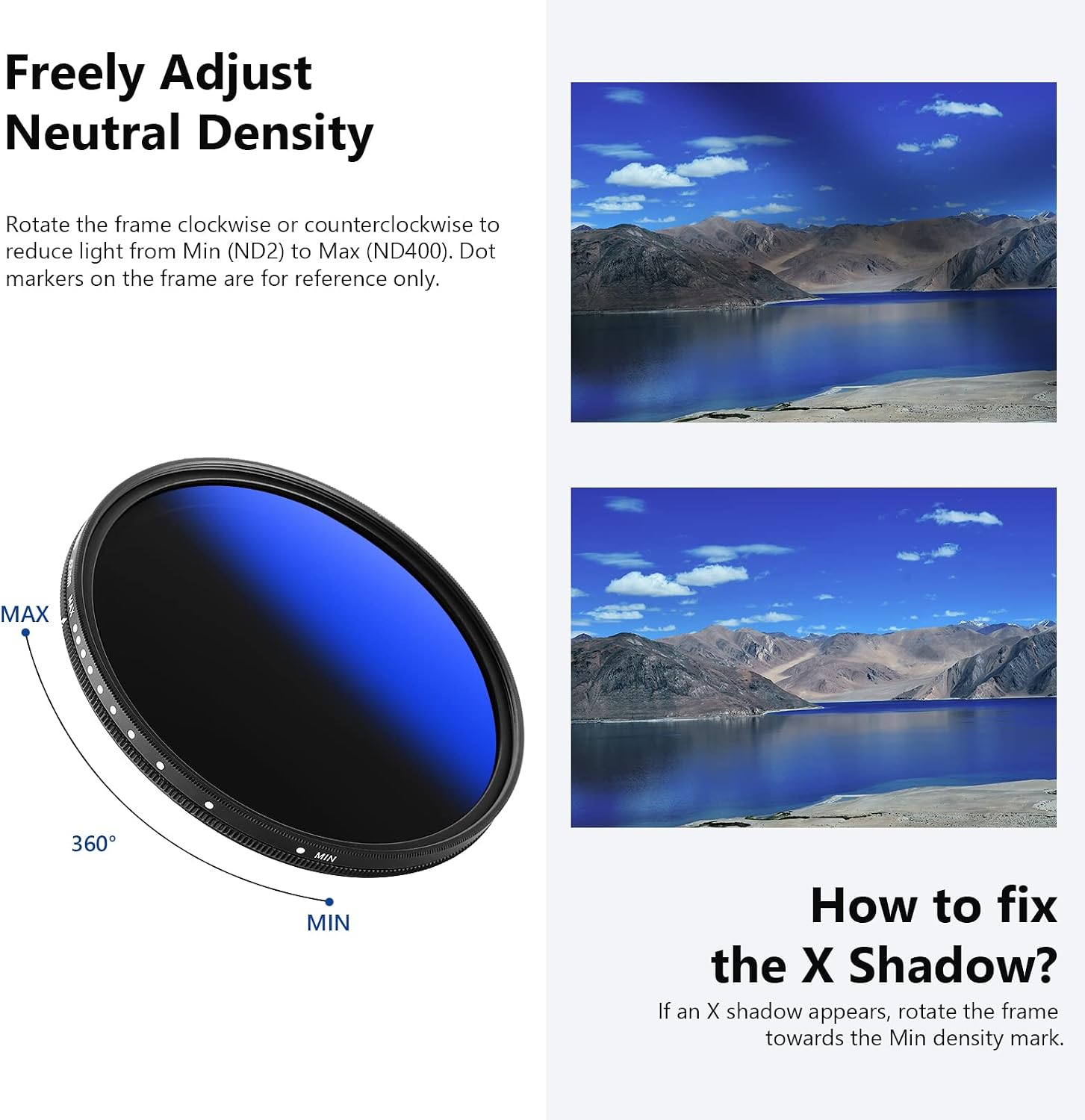 NEEWER 62mm Variable ND Filter ND2-ND400 (1-9 Stops), Neutral Density Filter, Multiple Coatings, Water and Scratch Resistant