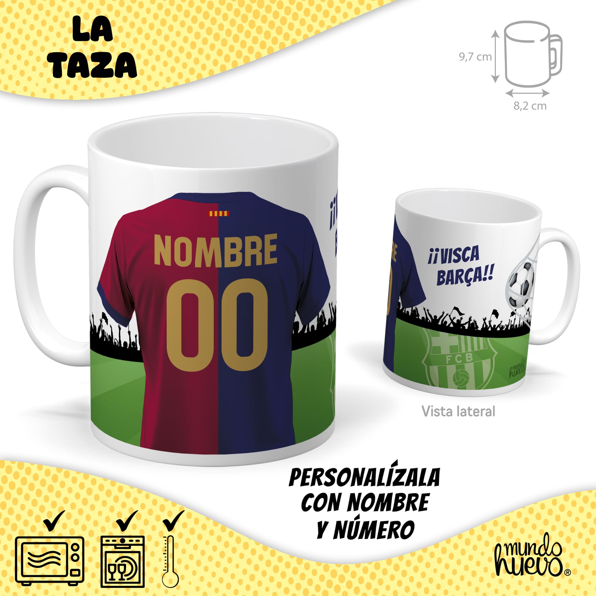 mundohuevo Pack regalo personalizado | Taza personalizada con nombre y número fútbol Barcelona + Caramelos divertidos | Regalo divertido, original y único para aficionados