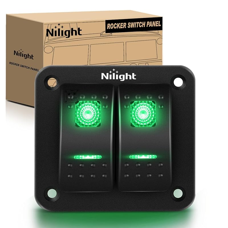 Painel com 2 interruptores tipo rocker Nilight SPST 5 pinos liga/desliga com LED verde – 12 V