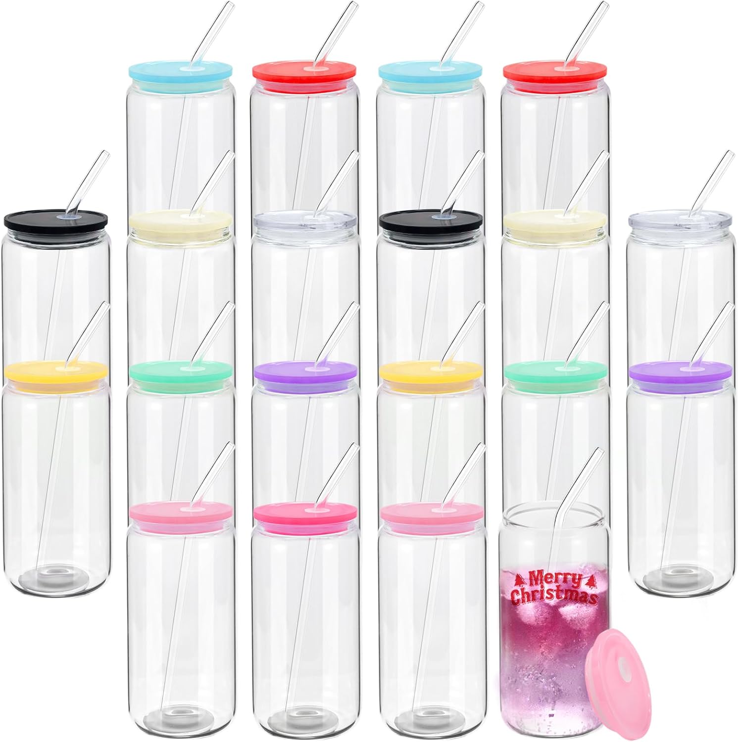 20 pack drinking glass cups with acrylic lids and glass straws 16oz clear glass tumblers can shaped iced coffee cups drinking glasses, cute glass cups for tea beer soda smoothie whiskey gift
