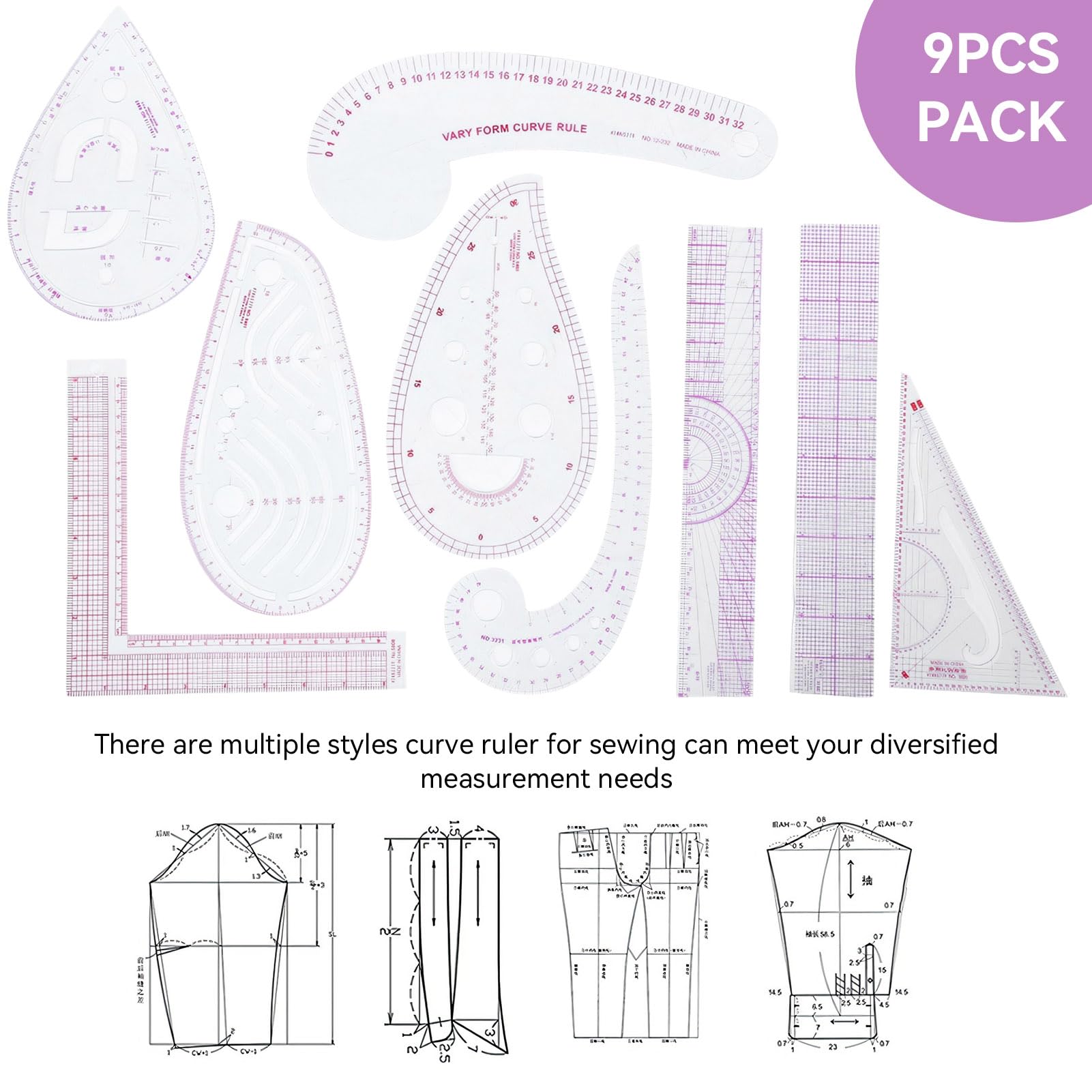 9pcs Pattern Sewing Rulers Set, French Metric Ruler Plastic Sew French ...
