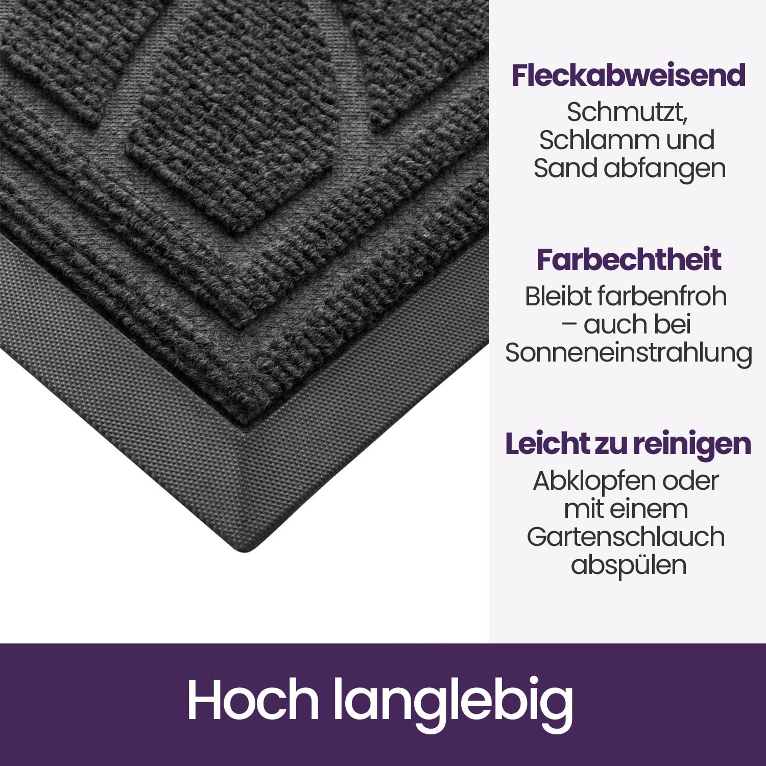 DEXI Fußmatte Außen rutschfest 60 x 90 cm, Schmutzfangmatte Waschbar, wetterfest Fussmatte Innen für Haustür, Balkon oder Terrassentür, Grau
