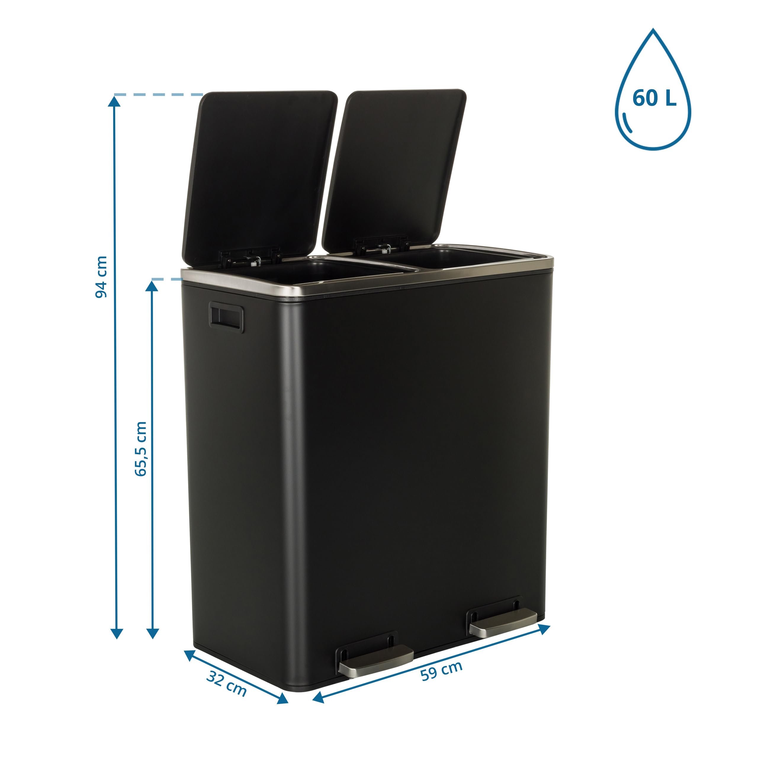 HJH Office Kosz na śmieci 2 x 30 l CLEAN XI System oddzielania śmieci z 2 przegródkami, kosz nożny z amortyzowanym zamknięciem, czarny metal