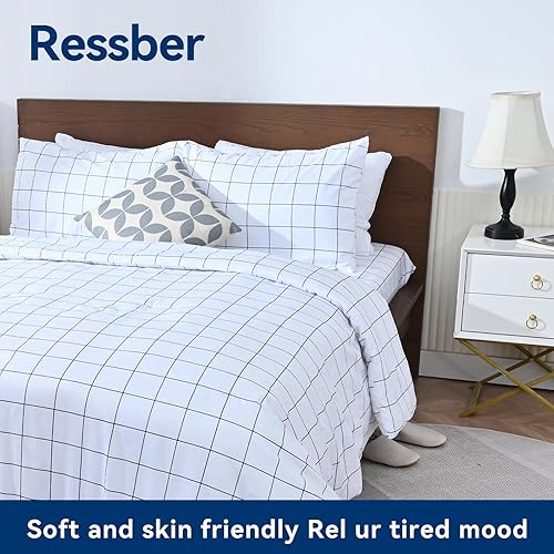 Miniatura 2 de Juego de edredón a rayas para todas las estaciones, suave y transpirable. (individual, blanco)