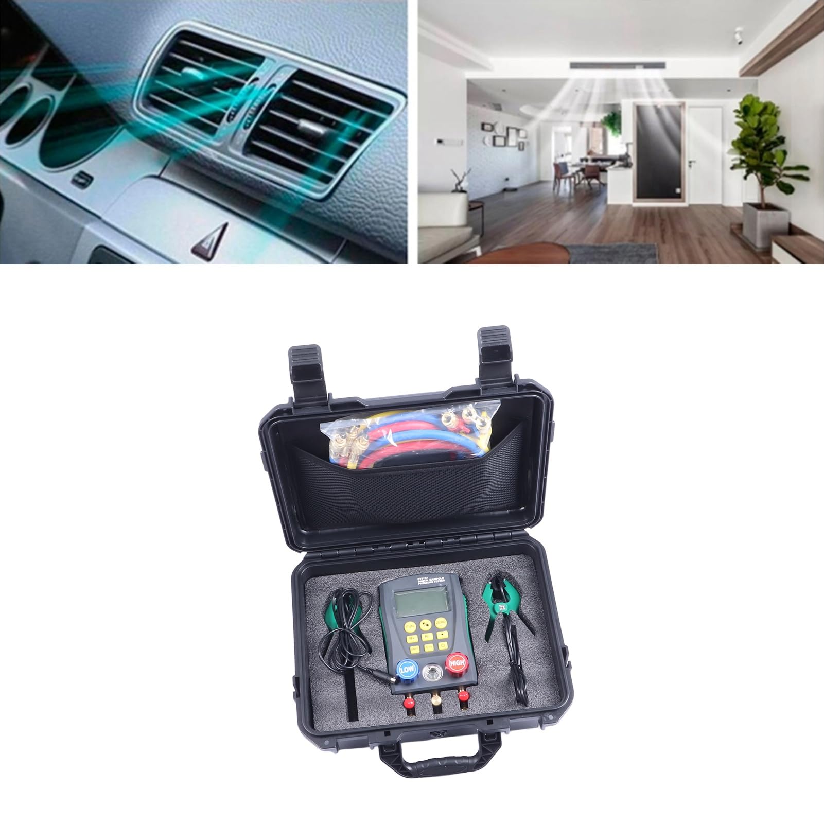 Manómetro Digital de Refrigerante para Reparación de Aire Acondicionado con Pantalla LCD y Funciones de Prueba de Temperatura Dual