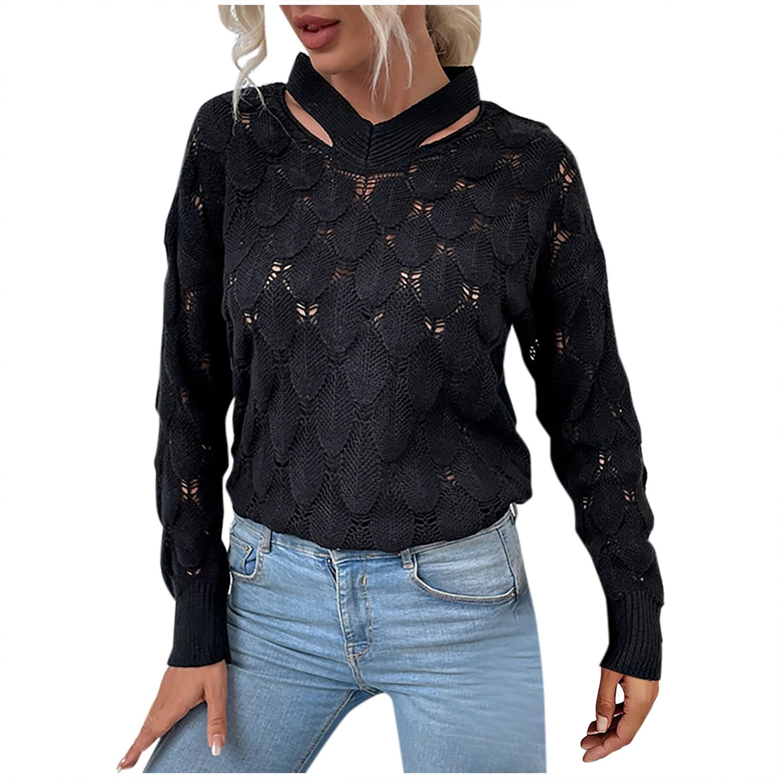 Women’s Cold Shoulder Sweater Long Sleeve Backless Knit Pullover Tops Hollow Out Sweater Jumper Top
