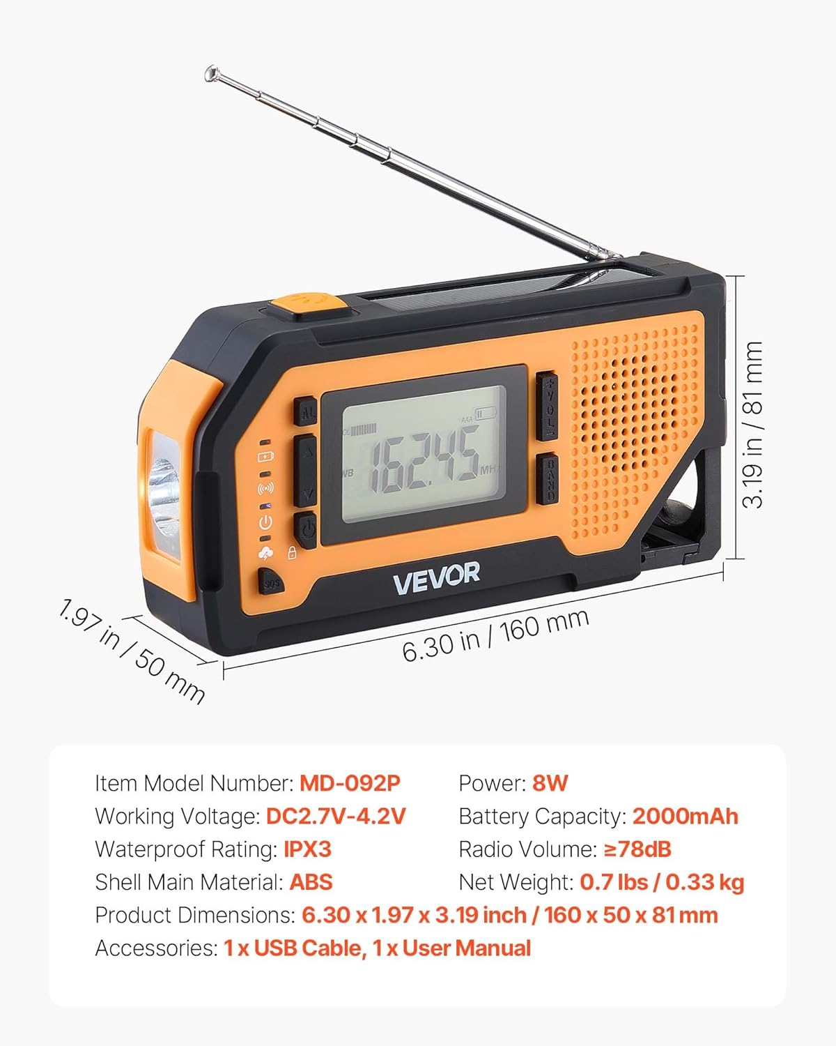 Image showing the VEVOR MD-092P emergency radio with detailed dimensions and technical specifications listed next to it.