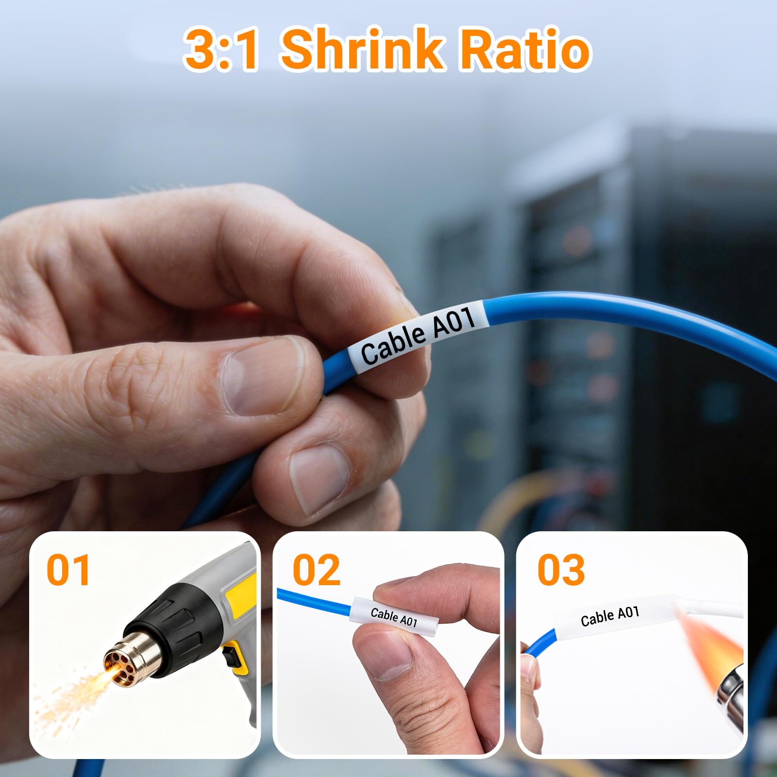 18051 A18051 - Confezione da 20 nastri per etichette termorestringenti DYMO Rhino, 6 mm, per etichettatrice DYMO Industrial Rhino 4200 5200 5000 6000, nero su bianco