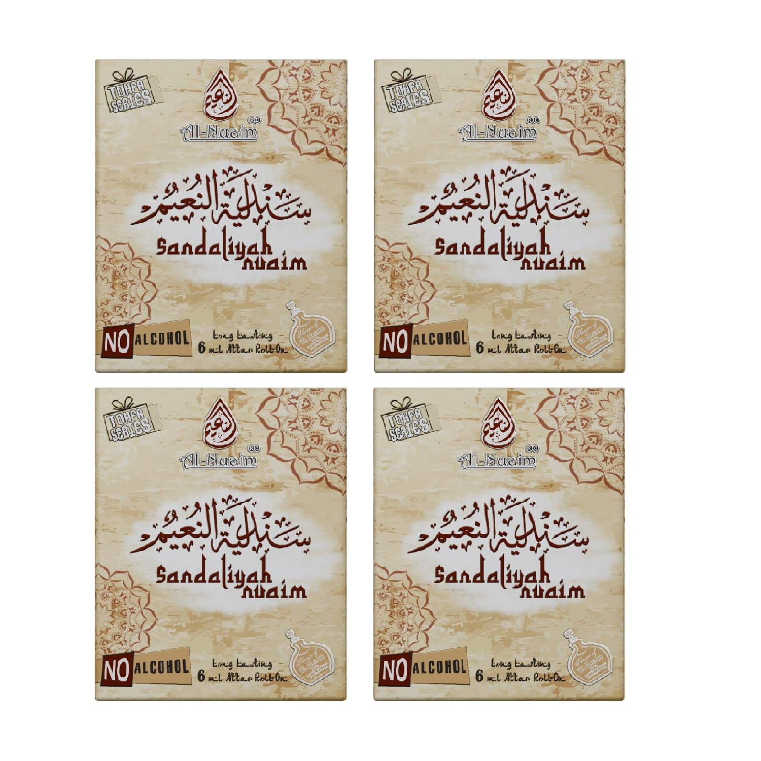 Al-Nuaim Tohfa Series Sandaliyah Nuaim Attar Roll On for Men & Women - Pack of 4 (6ml Each) | Alcohol Free Attar | Long Lasting Fragrance