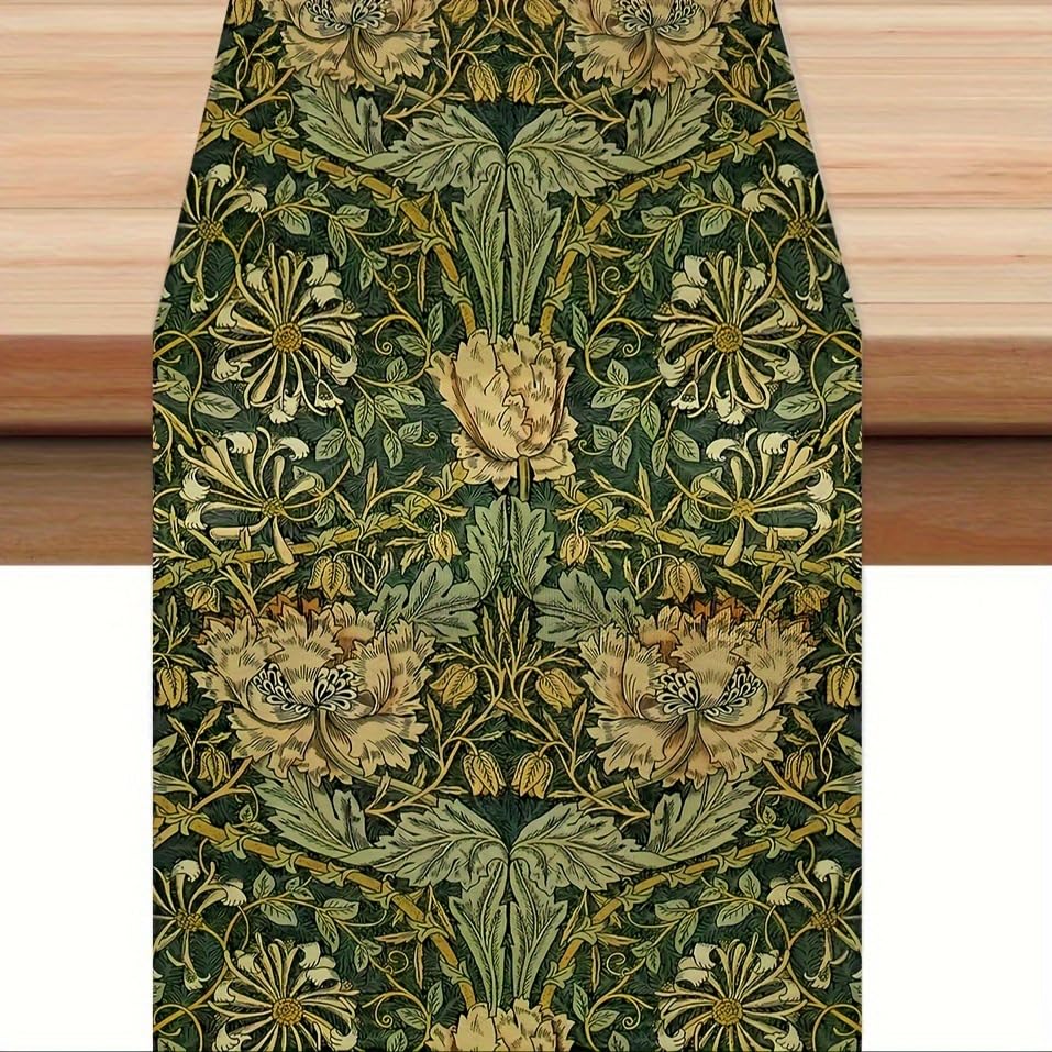 Vintage Floral Table Runner, Green and Gold, 72 x 13 inches