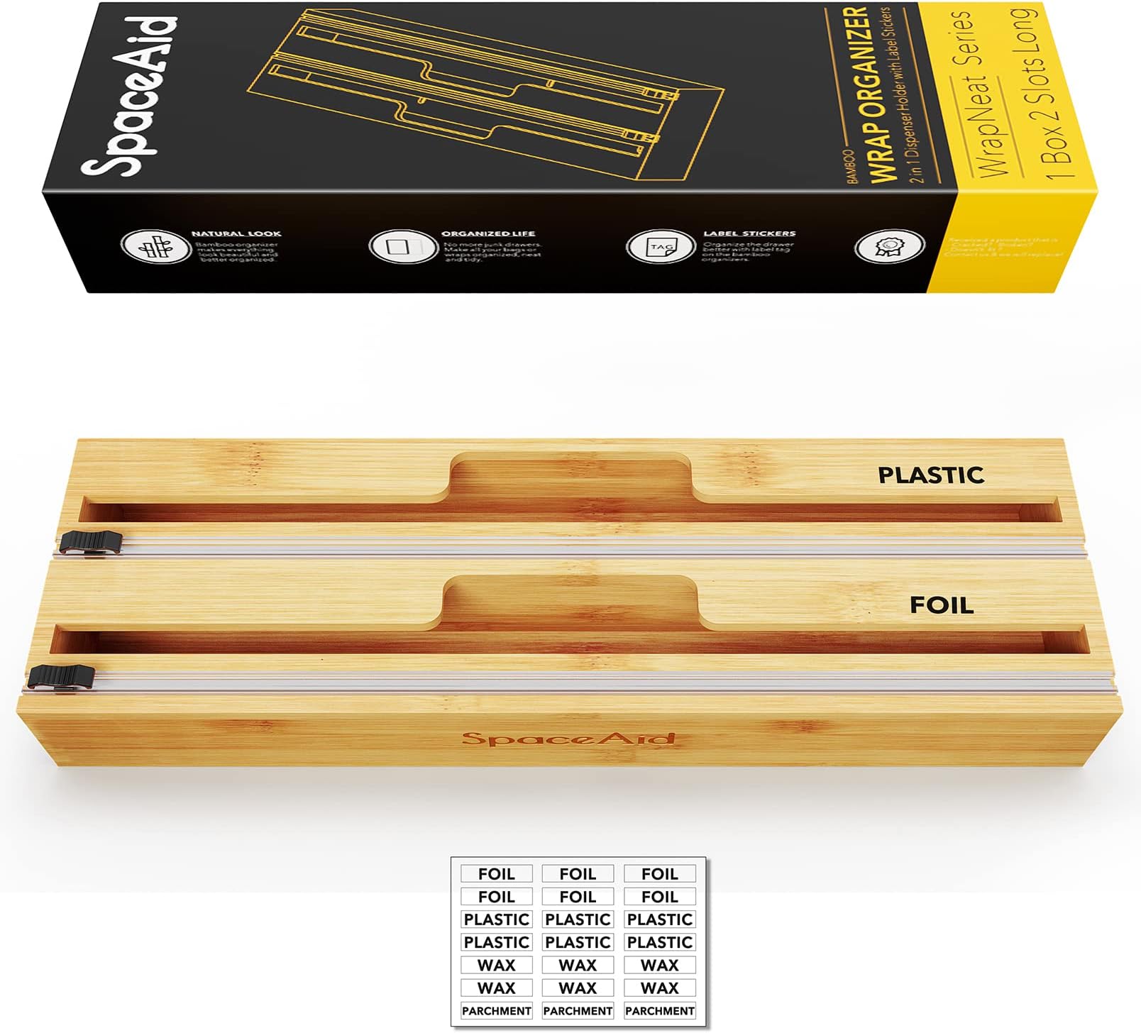 SpaceAid 2 in 1 Long Wrap Dispenser (Need 3" Deep Drawer) with Cutter, Plastic Wrap, Aluminum Foil Dispenser for Kitchen Drawer, Bamboo Roll Organizer Holder, Compatible with 15" Roll