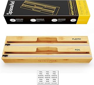 SpaceAid 2 in 1 Long Wrap Dispenser (Need 3" Deep Drawer) with Cutter, Plastic Wrap, Aluminum Foil Dispenser for Kitchen Drawer, Bamboo Roll Organizer Holder, Compatible with 15" Roll