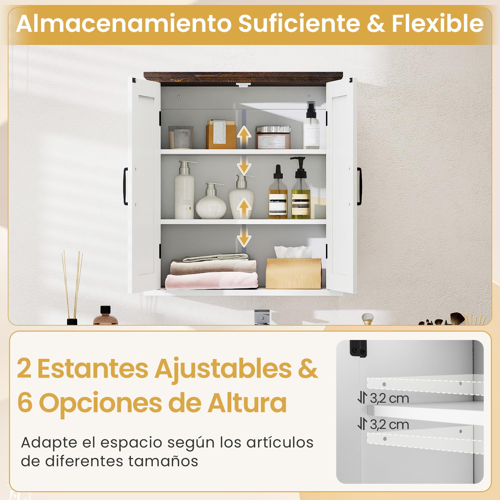 GIANTEX Armario de Pared para Baño, Mueble Colgante con 2 Puertas y 2 Estantes Ajustables, Estilo Granero, 53,5 x 22,5 x 60 cm, Organizador para Cocina, Entrada, Lavandería