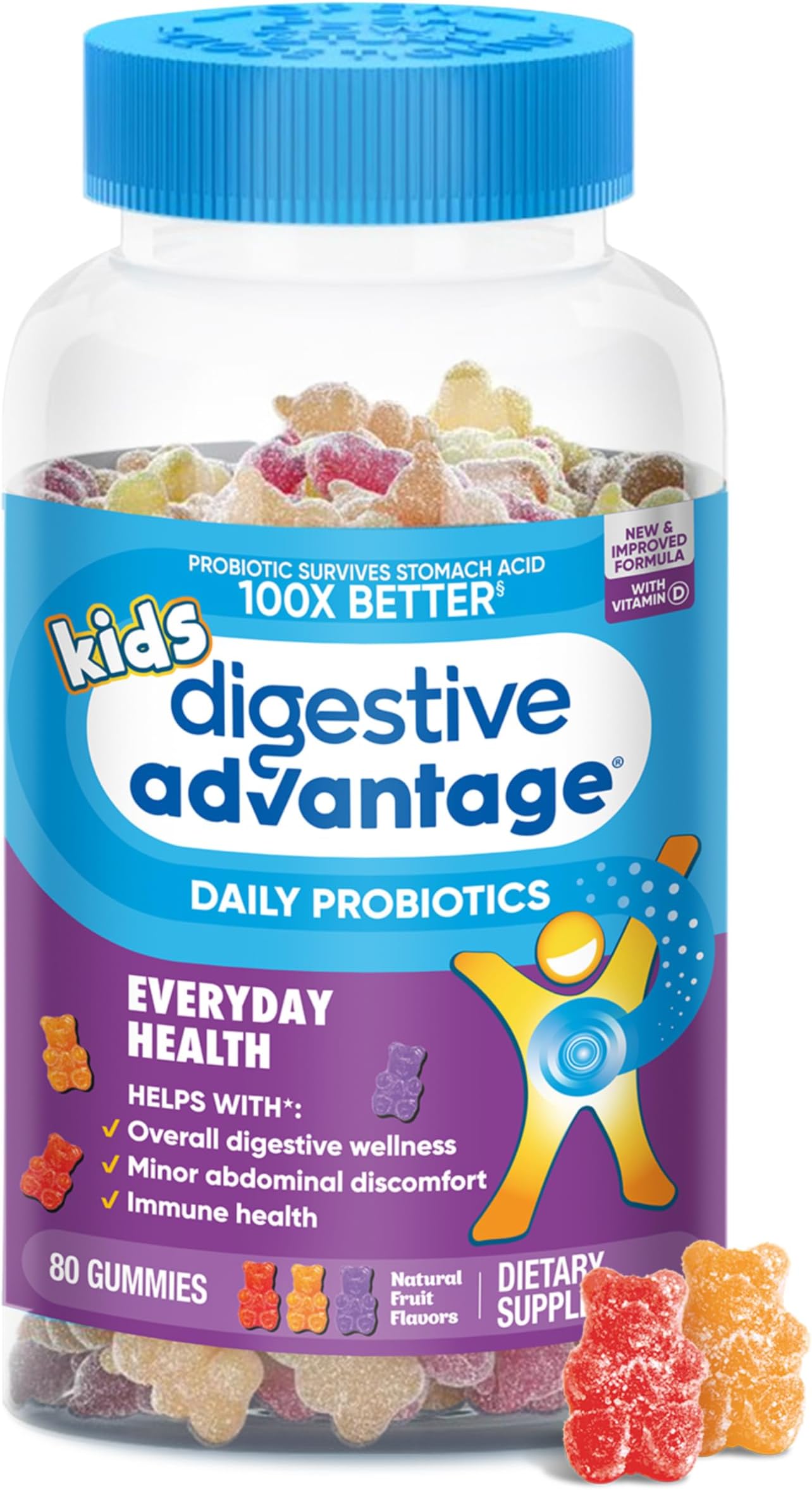 Digestive Advantage Daily Probiotic Gummy for Kids, Multi, Natural Fruit Flavours, 80.0 Count