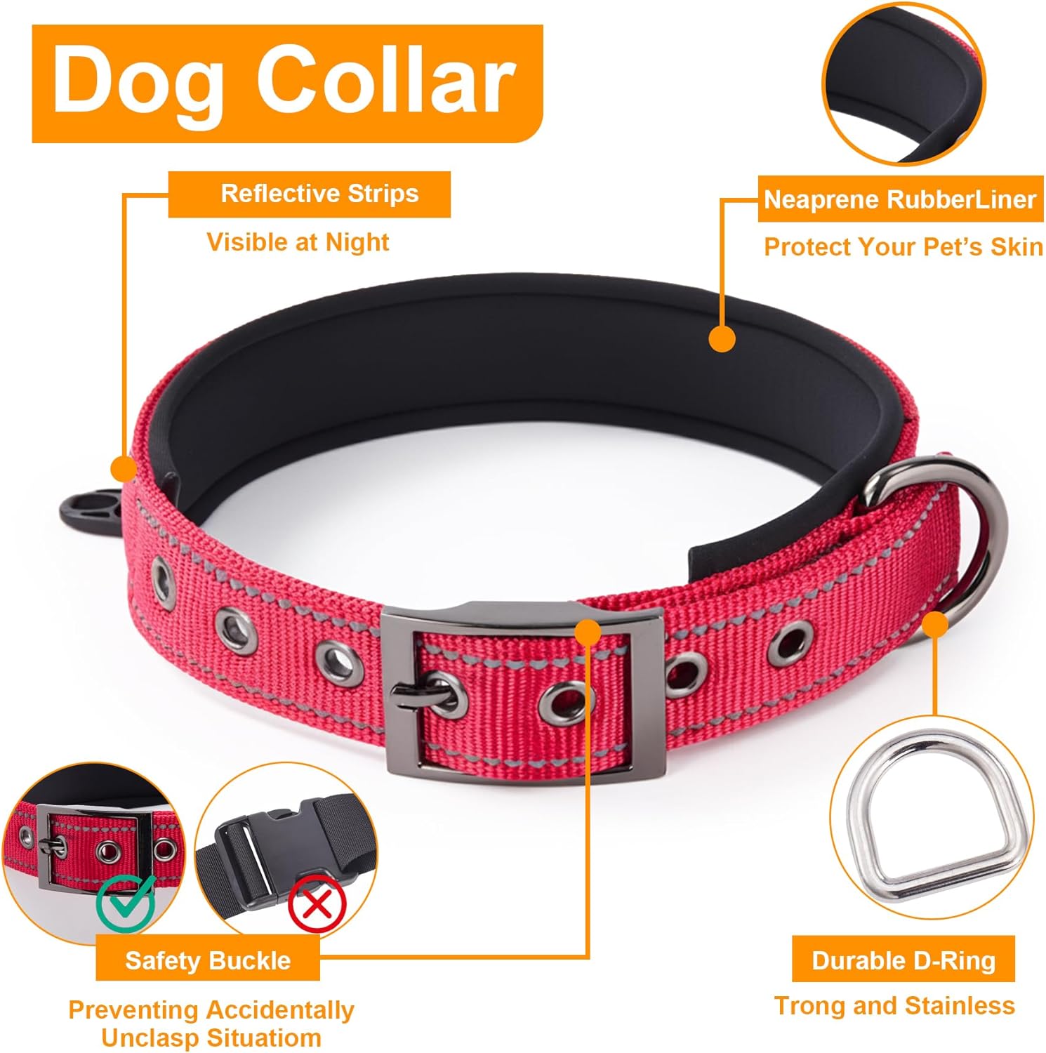 Annchwool No Pull Dog Harness,Heavy Duty Reflective Collar & Leash Set-Leash with Double Handle & Car Seatbelt Clip-Easy Control for Walking Training Medium Large Size Dogs(Red,S)
