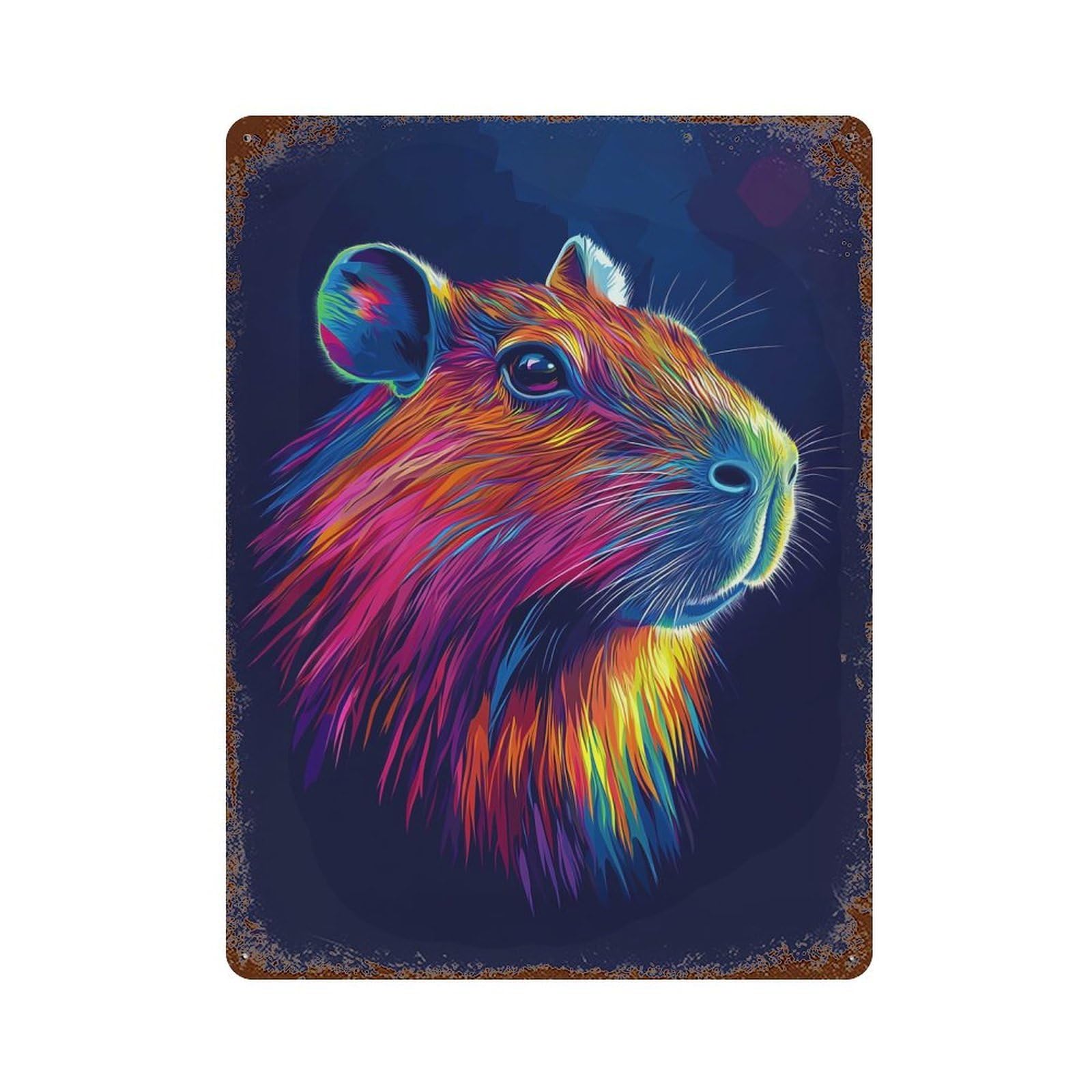 Capybara Rainbow Portrait Aged Metal Wall Plaque 15.7"x11.8", Decorative Metal Wall Art for Garage, Pub Or Kitchen