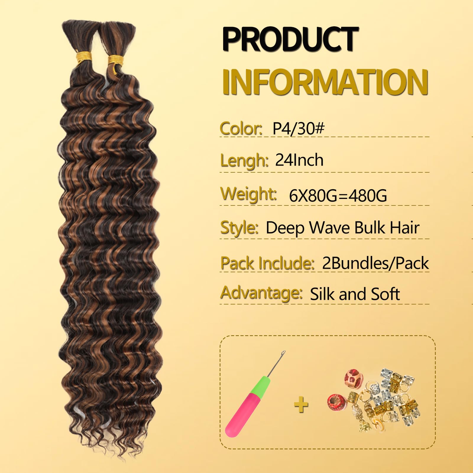 LPARMJIT Deep Wave Bulk hair for Braiding 18 inch 2 Bundles/Pack No Weft for Braiding Wavy Synthetic Braiding Hair Extensions for Boho Braids (P4/30 - Image 2