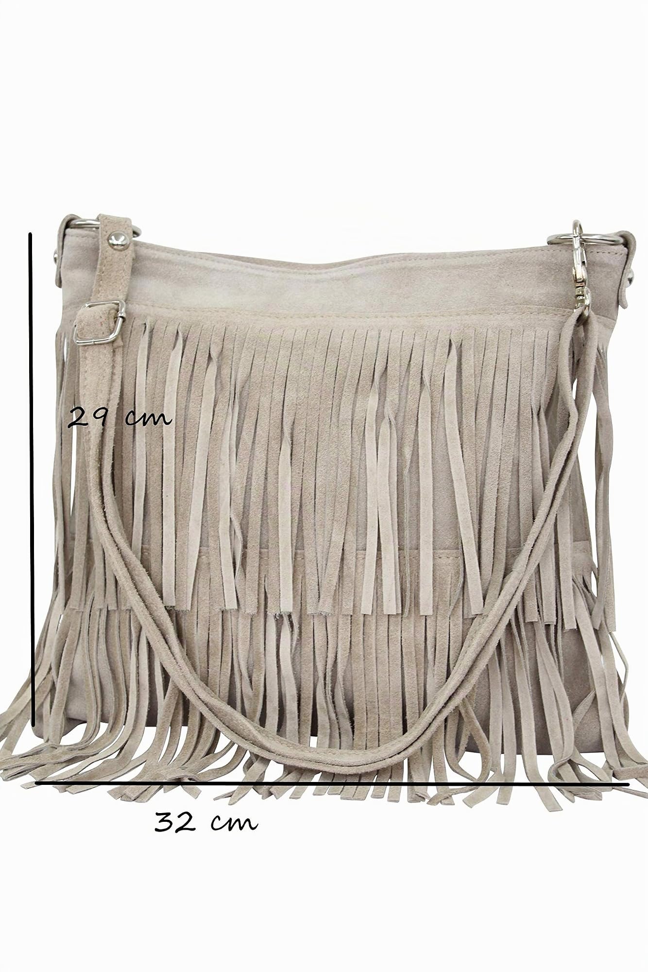 AMBRA moda donna, WL809, borsa da donna con frange, a tracolla, in pelle scamosciata, 32 cm x 29 cm x 2 cm