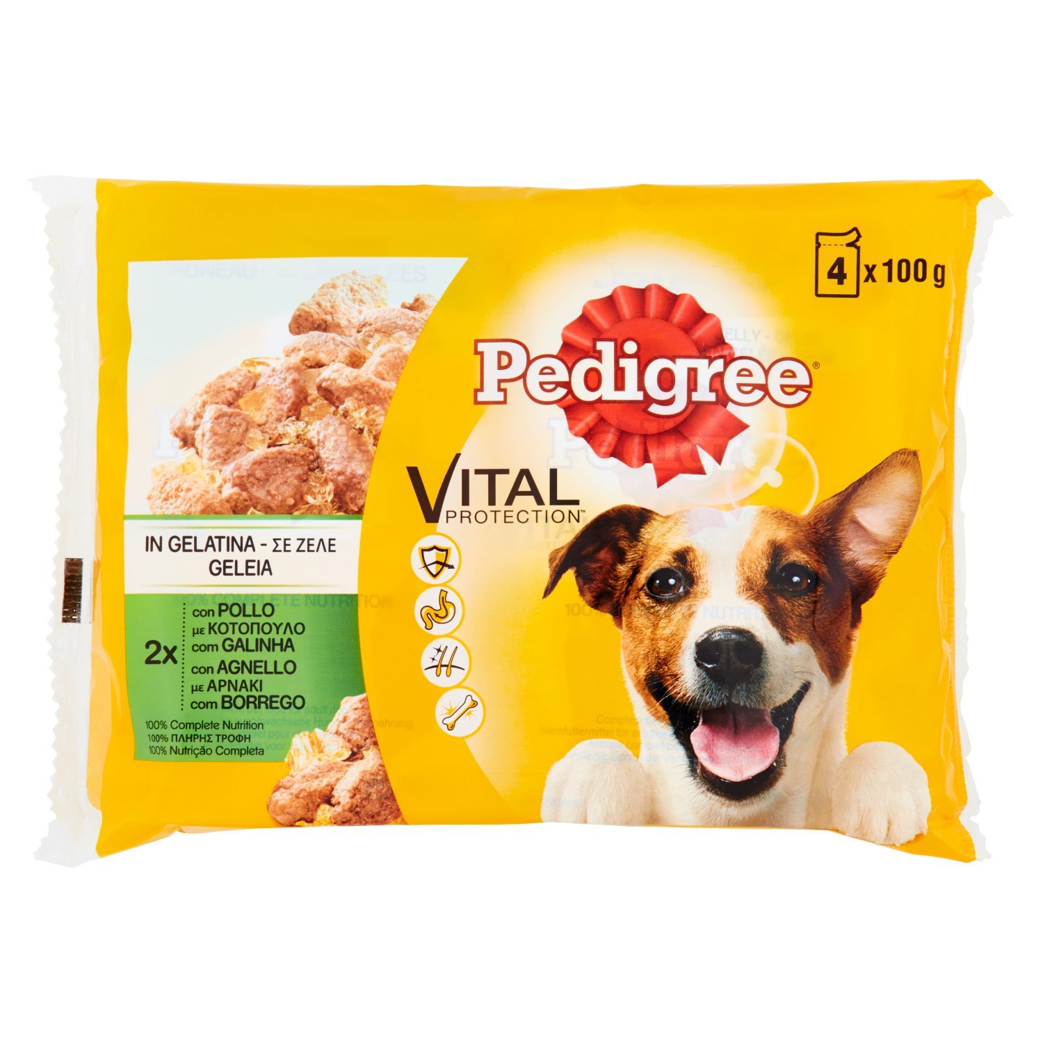 Pedigree Multipack de Comida húmeda para Perros Adultos en Gelatina Sabores Pollo y Cordero (4 bolsitas x 100g)