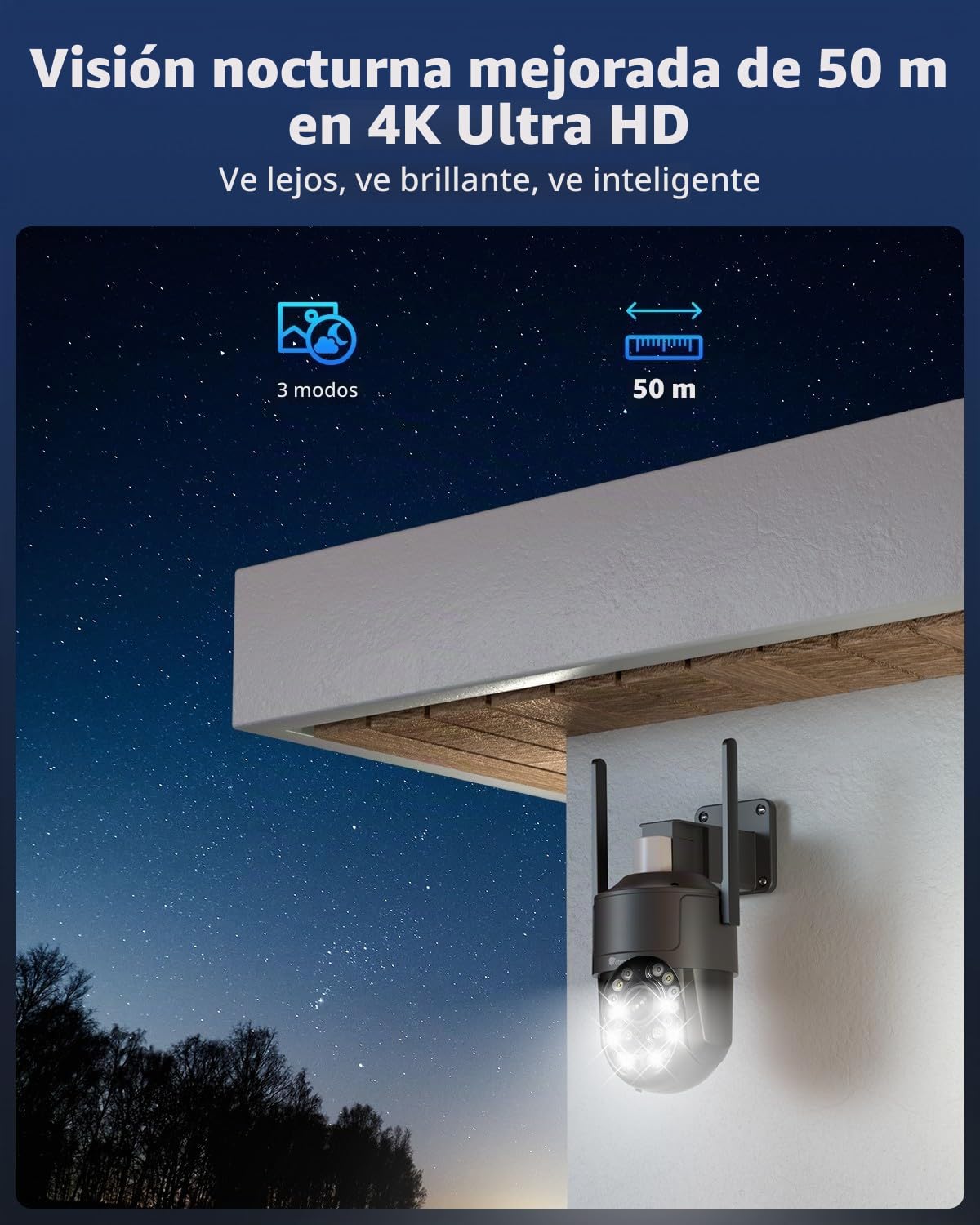 Ctronics 4K Cámara Vigilancia Exterior Zoom Óptico 5X, Máscara Privacidad | Visión Color Starlight 50m, Seguimiento Automático, Luz Roja-Azul & Sirena, WiFi 5G/2,4G, App/PC, TF 256GB/FTP/NAS, IP66