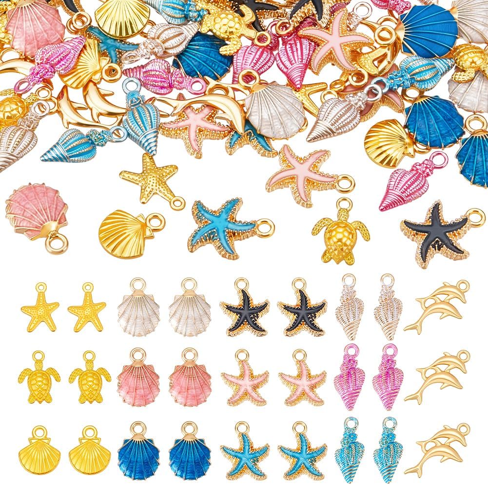 PH PandaHall 104Pcs 13 Styles Ocean Starfish Seashell Conch Charms, Colorful Enamel Ocean Beach Charms for DIY Jewelry Making Necklace Bracelet Earring Summer Wedding Party Favor Gifts