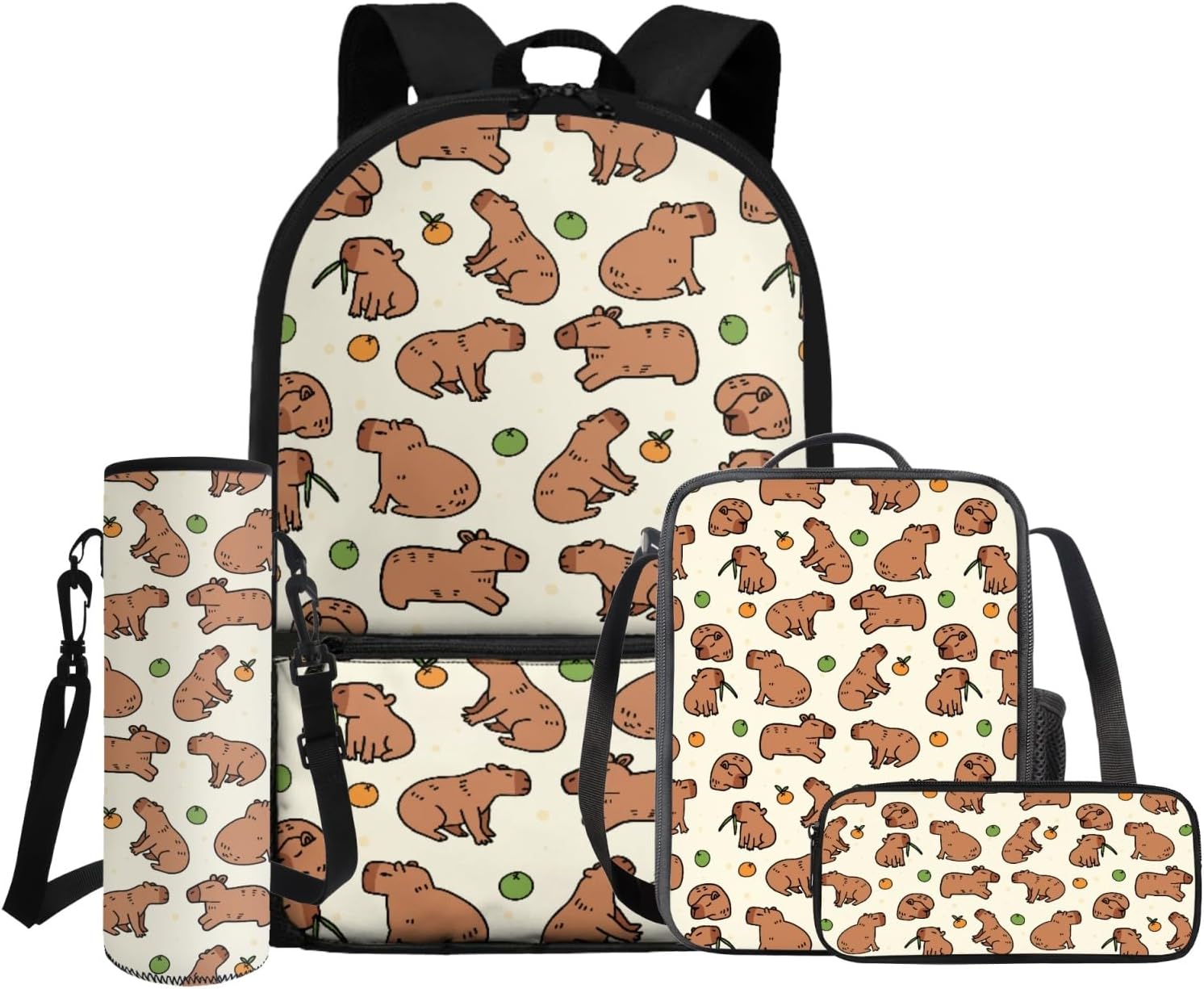 Gomyblomy Capybara Backpack for School Girls 6-8 8-10 Cute Kids Backpack with Lunch Box 4 in 1 Set Girls Bookbag with Pencil Case Water Bottle Sleeve 17 Inch School Bag for Elementary Daypack