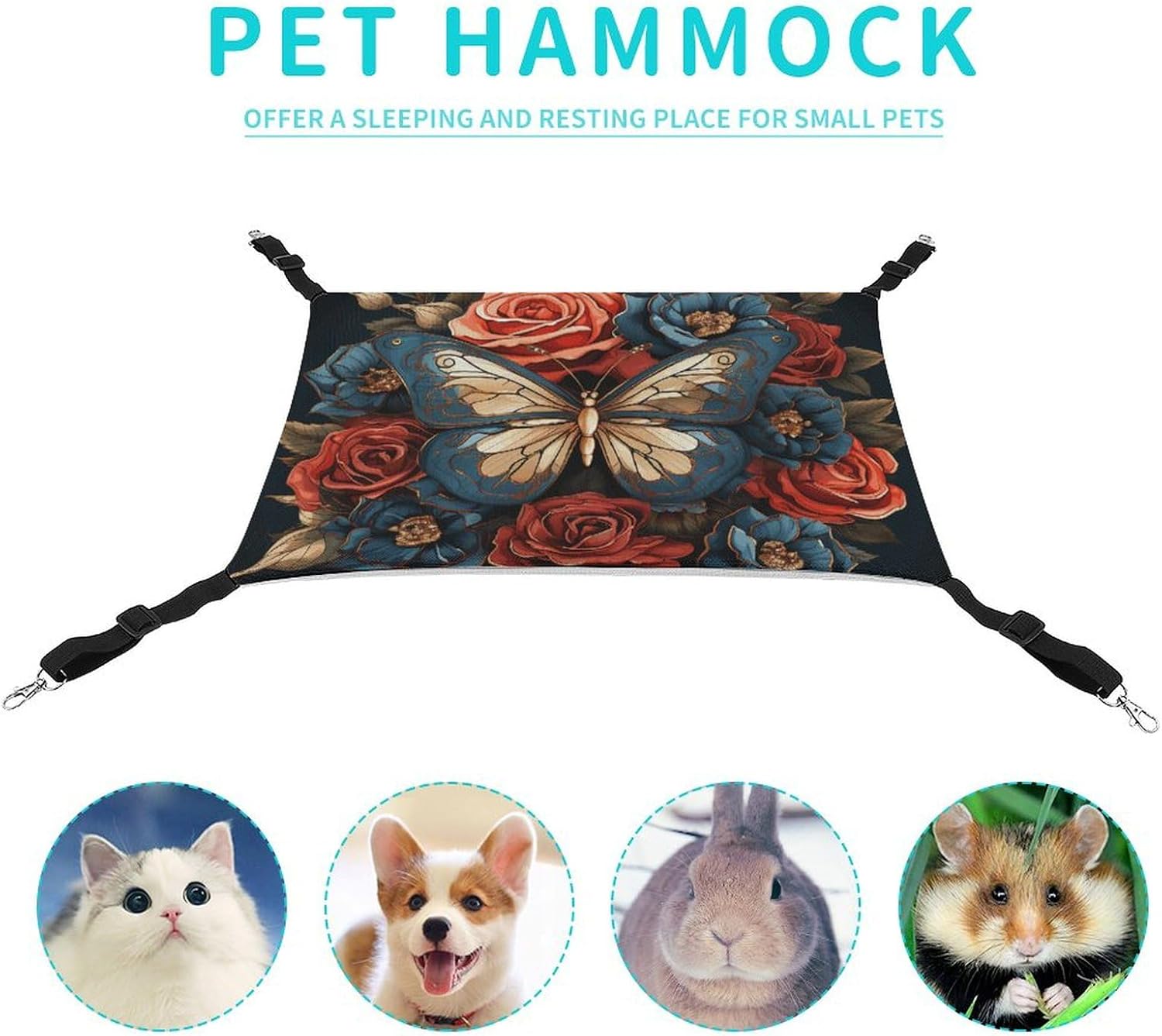 review Hanging Pet Hammock, Butterflies and Roses Printed Soft Breathable Pet Hammock with Adjustable Straps and Metal Hooks for Cats Small Dogs Rabbits Sugar Gliders