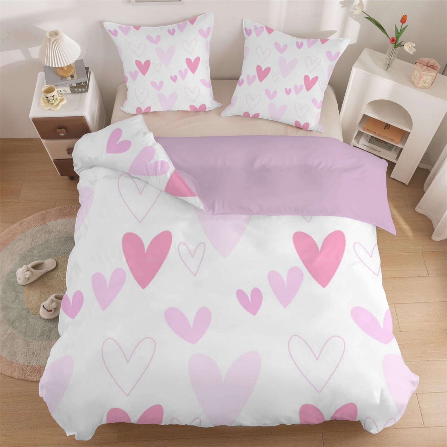 Duvet Cover for 90 cm Bed - Girl Heart Pattern Pink Microfibre Duvet Cover Set 135 x 200 cm and 1 Pillowcase 50 x 75 cm W15