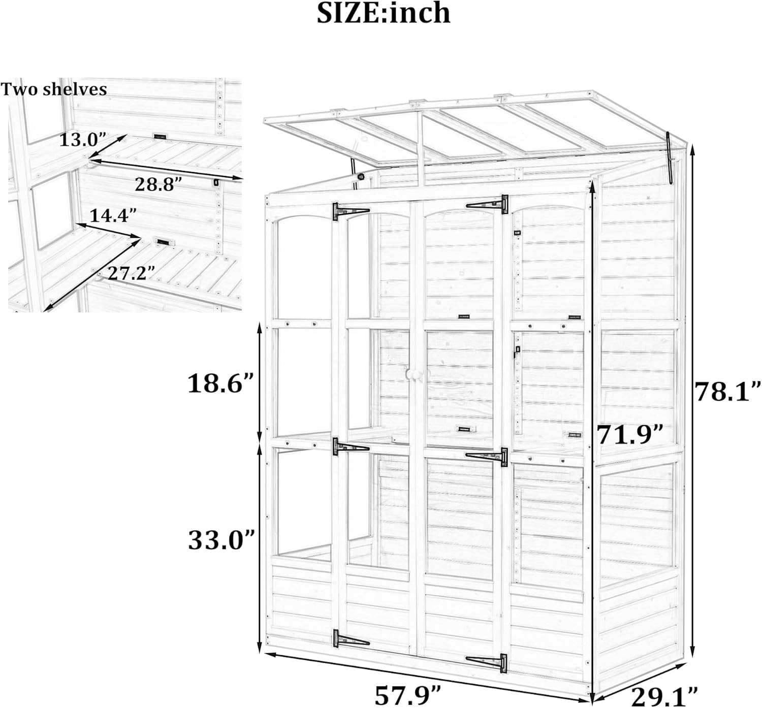 White 78-inch Wooden Greenhouse Cold Frame with 4 Independent Skylights and 2 Folding Middle Shelves, Walk-in Outdoor Greenhouse, for Porches, Balconies, Backyards，Porch, Garden, Lawn, Yard, Bistro