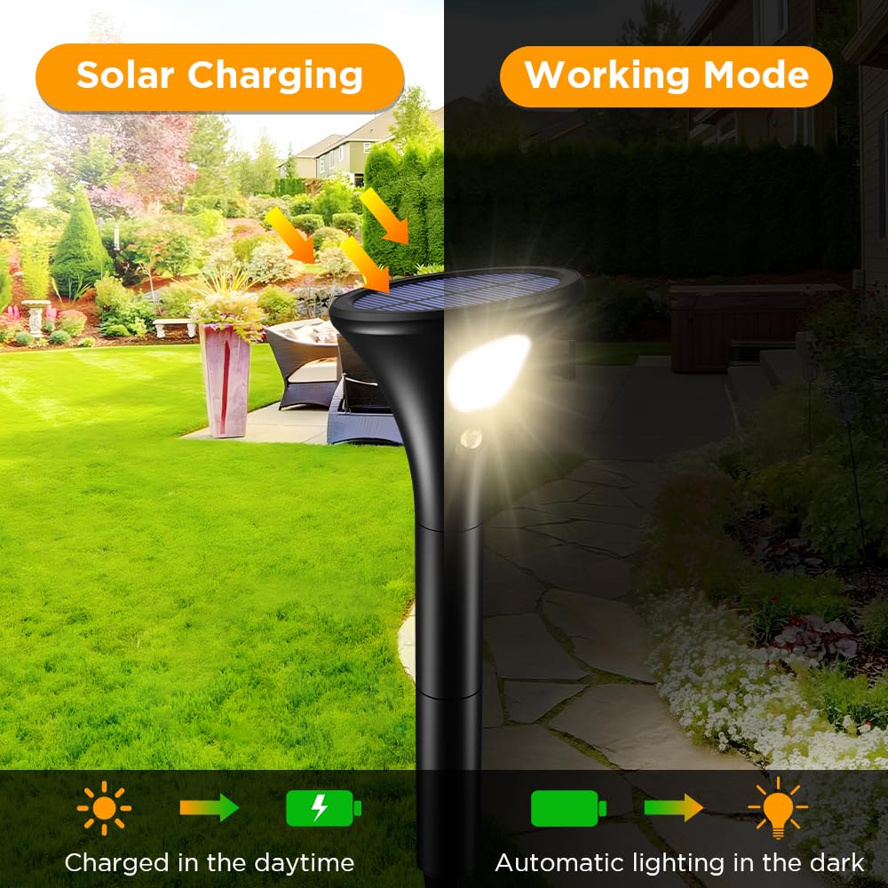 Lámparas solares exterior con sensor de movimiento, pack de 6, LED 1500 mAh, proyector solar alto brillo, blanco cálido, interruptor ON/OFF, IP65, jardín, garaje, entrada, terraza