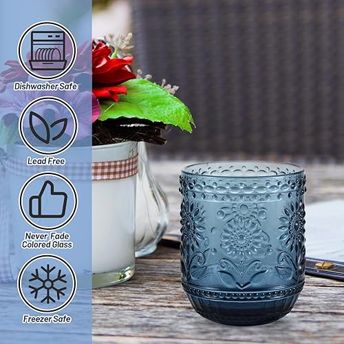 Miniatura 3 de Wongblee Vasos de agua con relieve floral de 12 onzas, juego de 4 vasos de cristal de colores (azul)