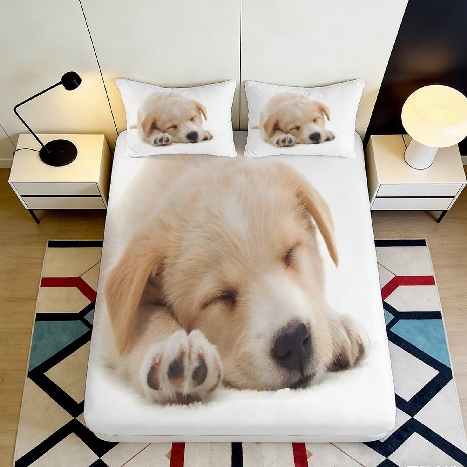3D Printed Sleeping Puppy Fitted Sheet Microfiber Soft Breathable Dog Pattern Mattress Cover for Bedroom Decor 120x200x25cm
