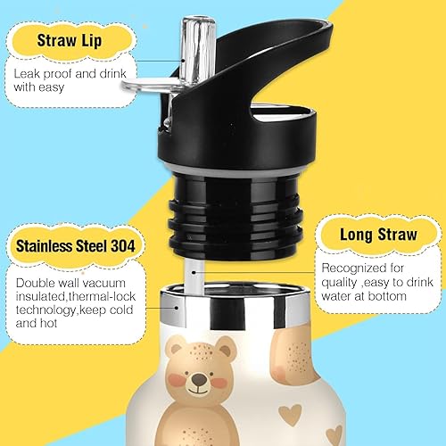 Miniatura 3 de Tan Playful Bear Heart Leak Proof & BPA Free Reusable Water Bottle with Straw Lid Double-Wall Vacuum Insulation for Travel and Sports botellas de