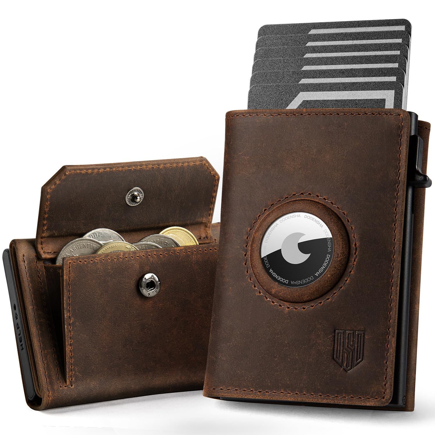 DODENSHA® Airtag 2 Wallet Herren mit XL Münzfach I MagSnap Kartenetui Herren I Smart Airtag Wallet für 10+ Karten I Geldbörse Herren mit RFID Schutz I Portmonee Herren mit AirTag* Fach I Redbrown