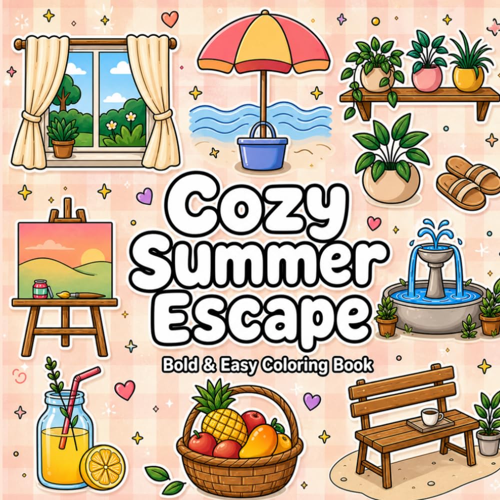 Cozy Summer Escape Bold and Easy Coloring Book: 50 Cute Minimalist Designs for Relaxation and Mindfulness (The Cozy Summer Vibes Series)