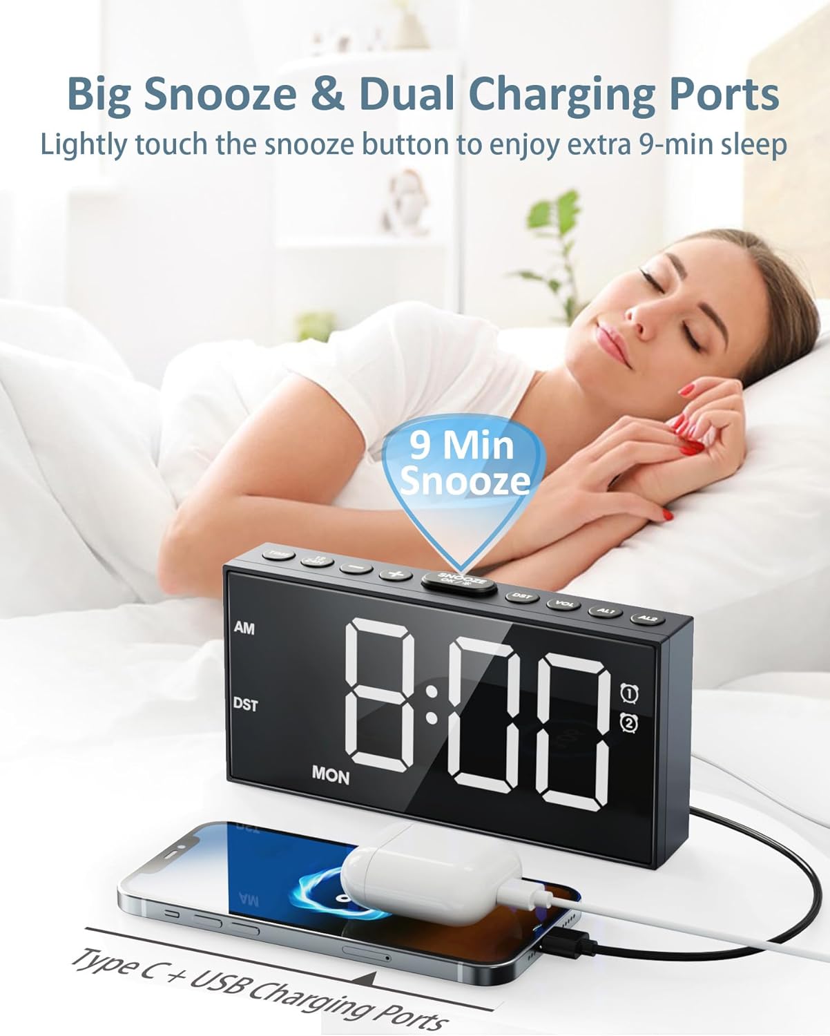 Person pressing the snooze button on the alarm clock for 9 minutes of extra sleep.