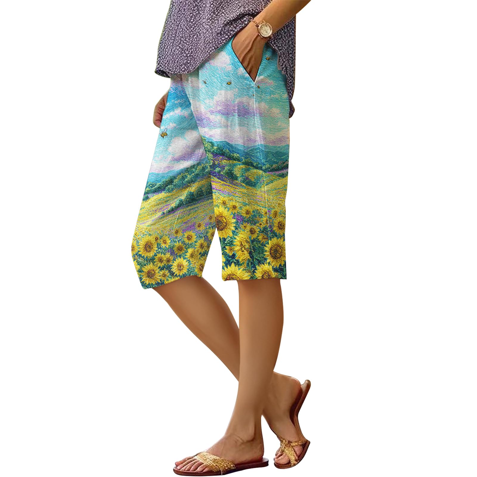 Womens Summer Beach Bermuda Shorts Floral Oil Painting Loose Casual Knee Length Wide Leg Gym Athletic Pants with